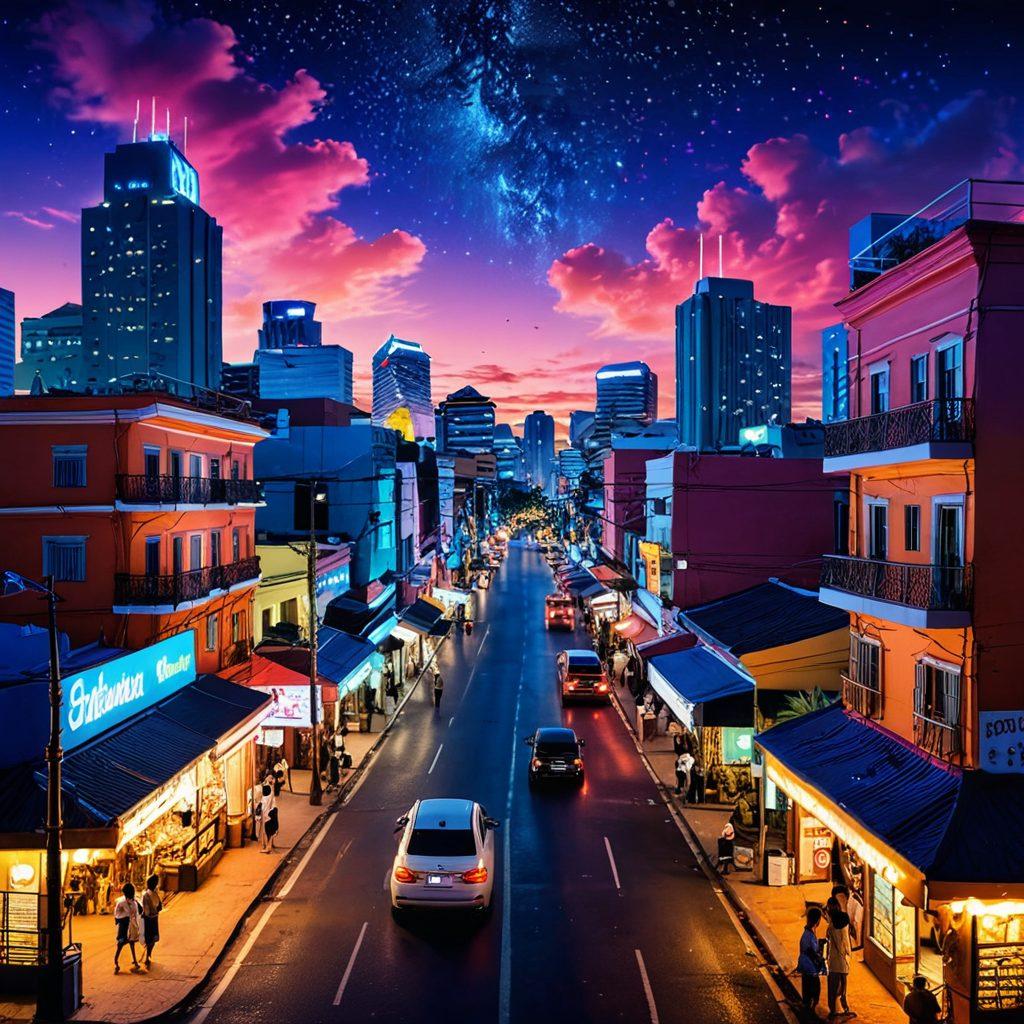 A vibrant, surreal depiction of a cityscape in Paraguay, intertwining iconic landmarks with whimsical elements representing hentai art. Include playful characters and manga-inspired scenes, blending e-commerce symbols like shopping carts and online interfaces. The sky transitions from dusk to night, filled with neon colors, inviting an exploration of culture and commerce. Emphasize a fusion of both traditional and modern aesthetics. futuristic art, vibrant neon colors, surrealism.